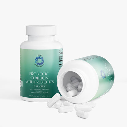 Probiotic 40 billion prebiotics bottle with open lid and white capsules