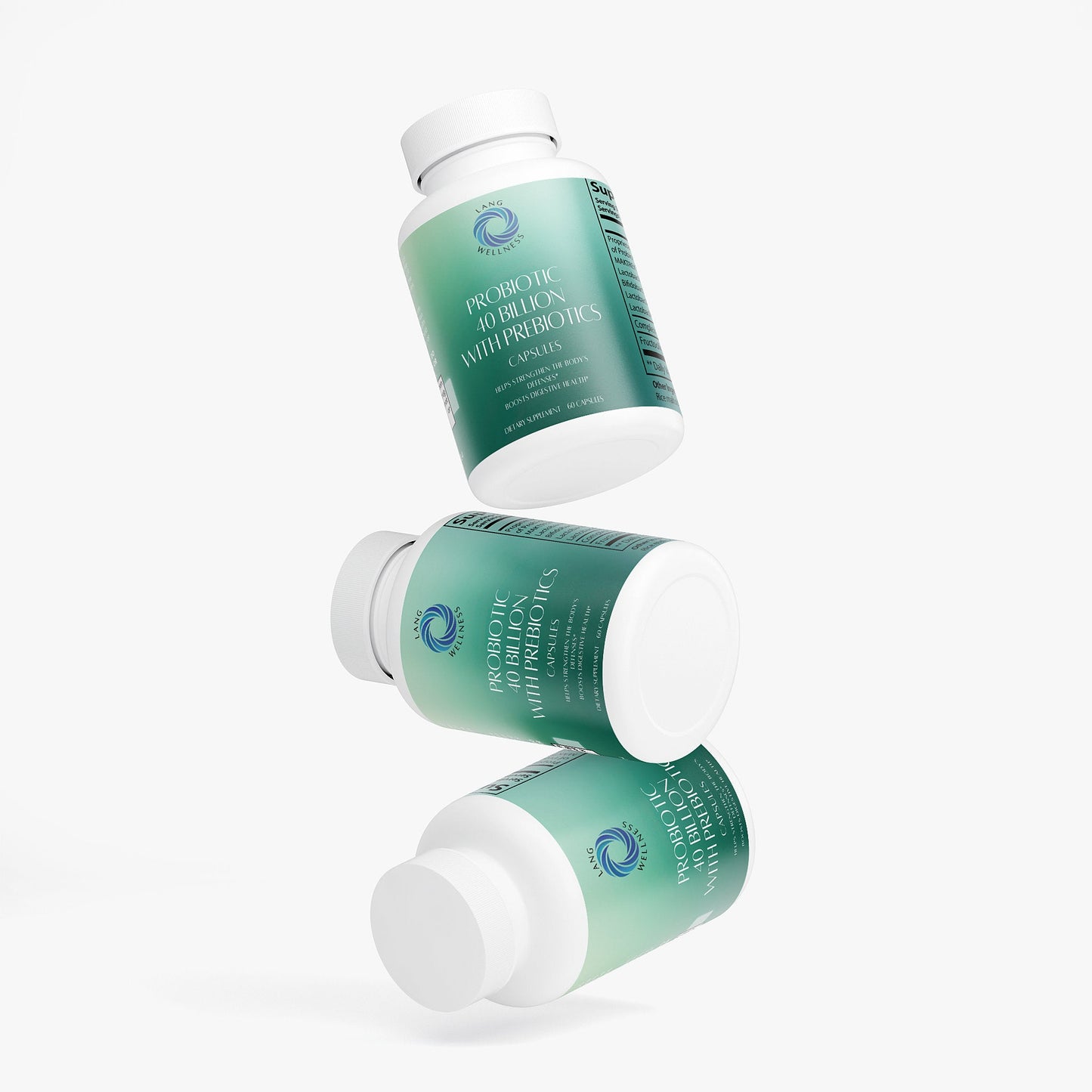 Probiotic 40 billion prebiotics bottle with capsules, side view