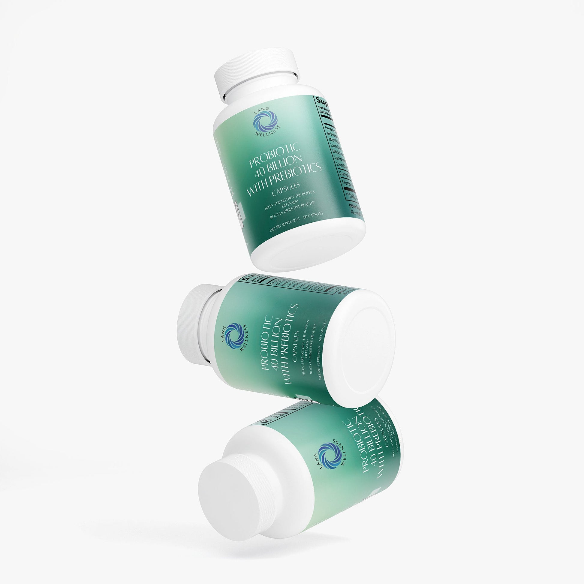 Probiotic 40 billion prebiotics bottle with capsules, side view