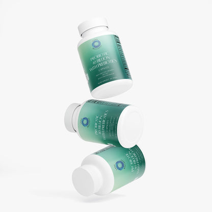 Probiotic 40 billion prebiotics bottle with capsules, side view