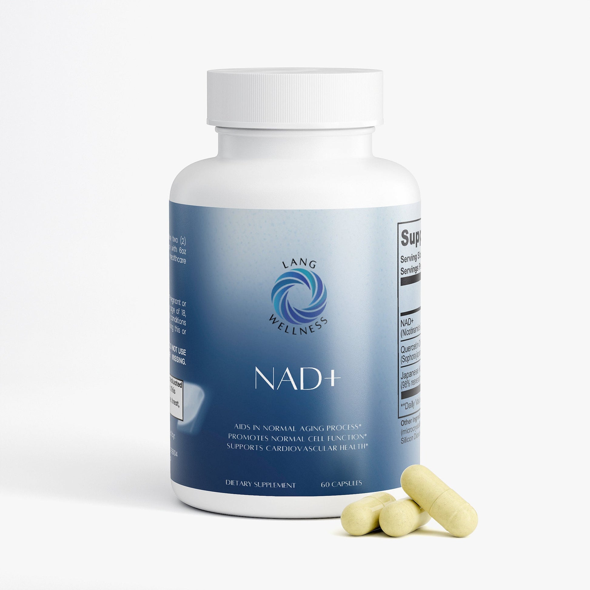 NAD+ supplement bottle with three tablets at base