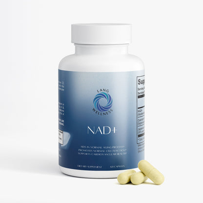 NAD+ supplement bottle with three tablets at base