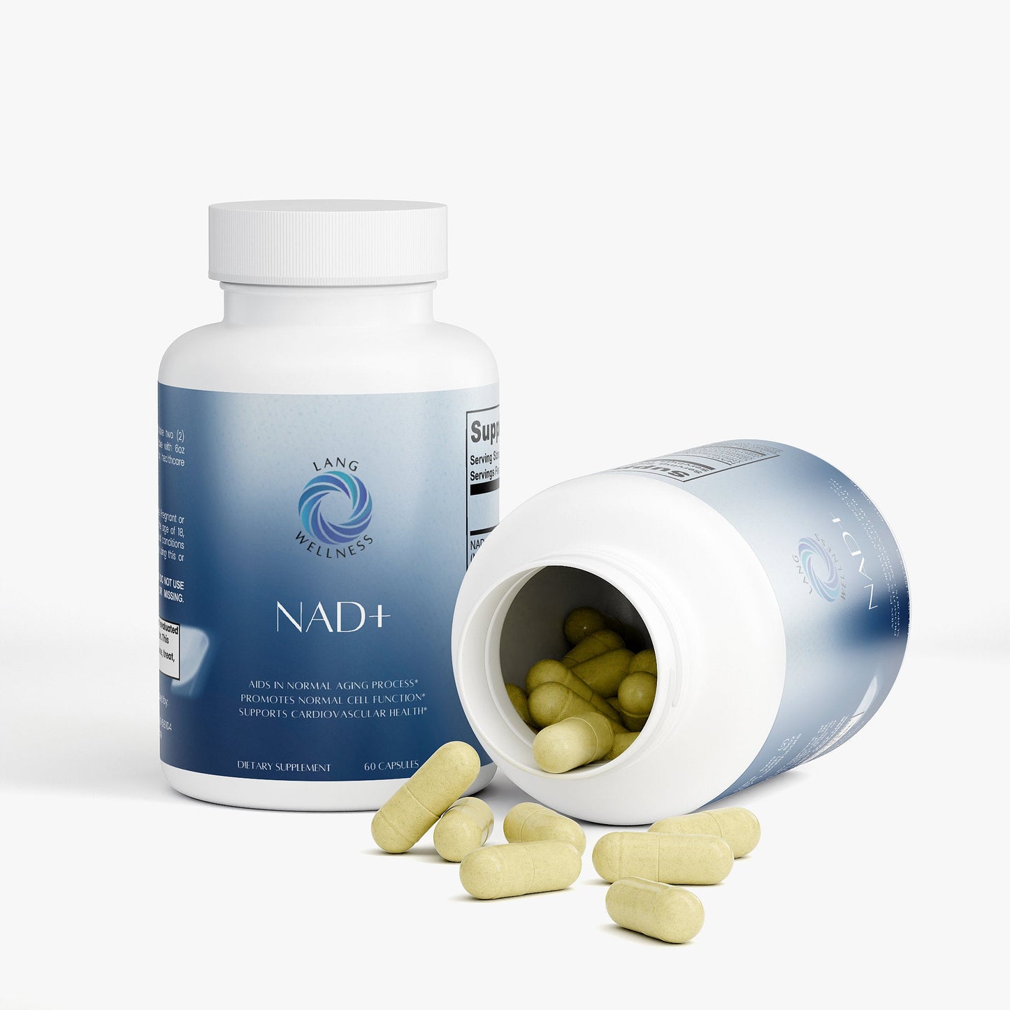 NAD+ supplement bottle with tablets spilling from opened side