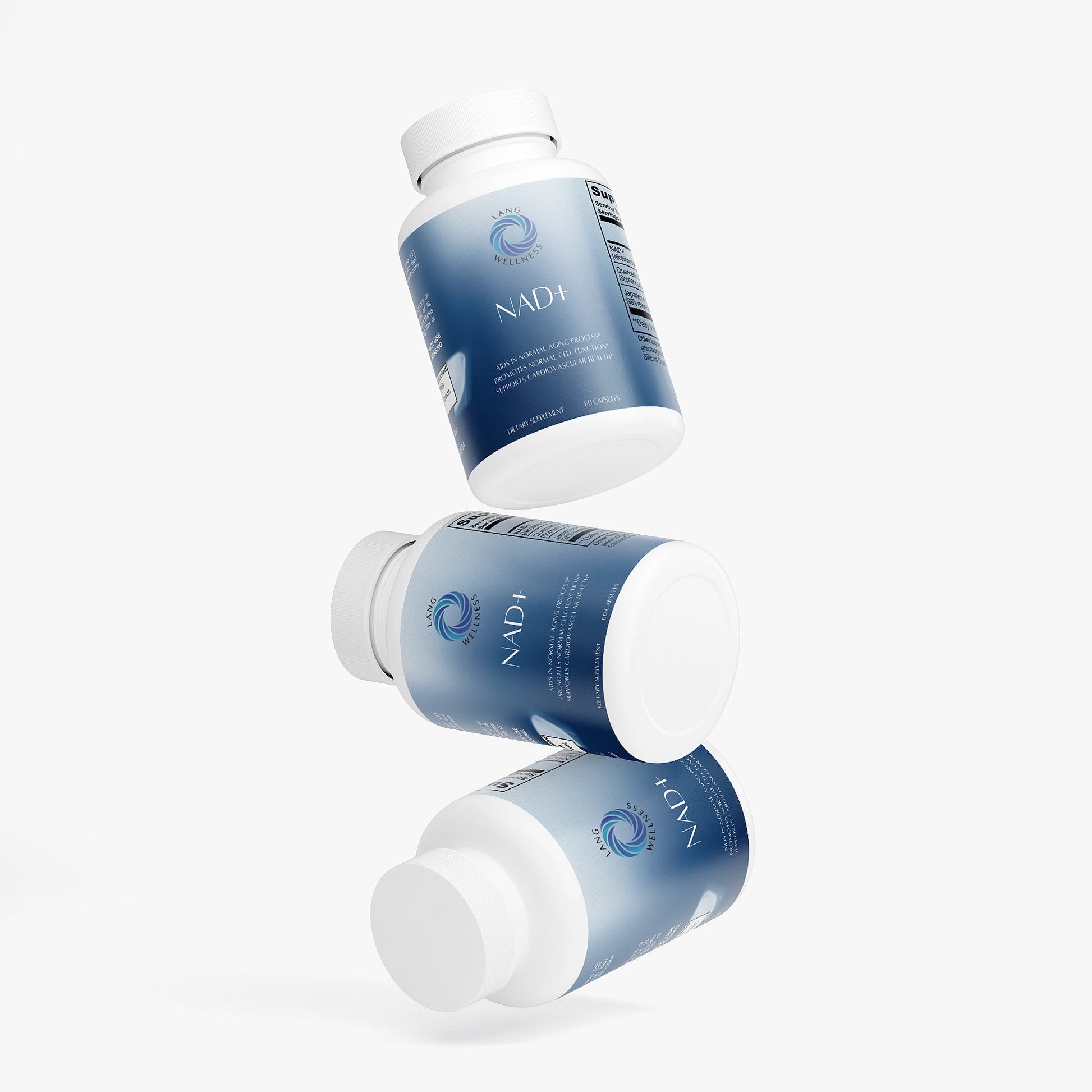 NAD+ supplement bottle and loose caps, angled view