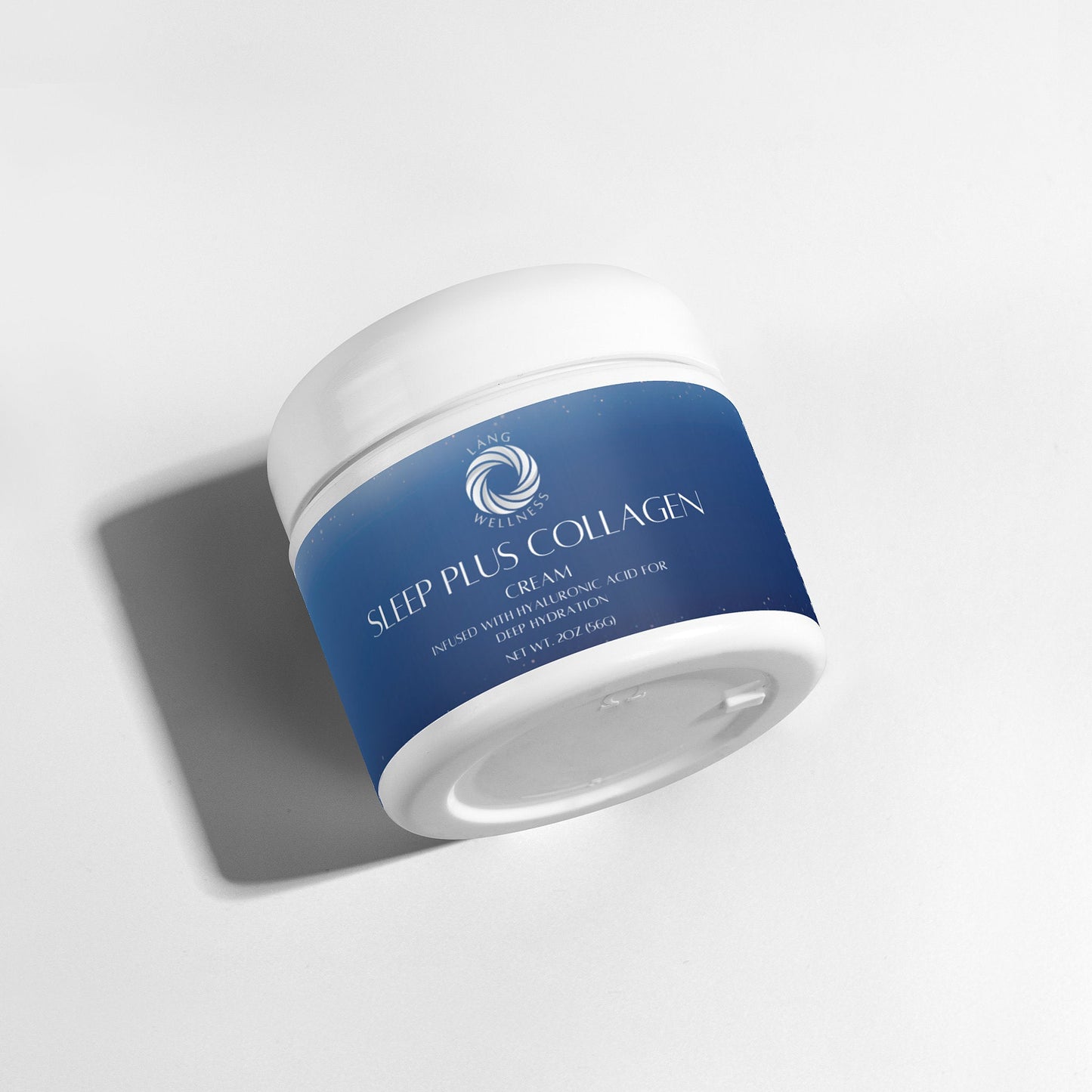 Sleep Plus collagen cream jar on its side, white cap and blue label