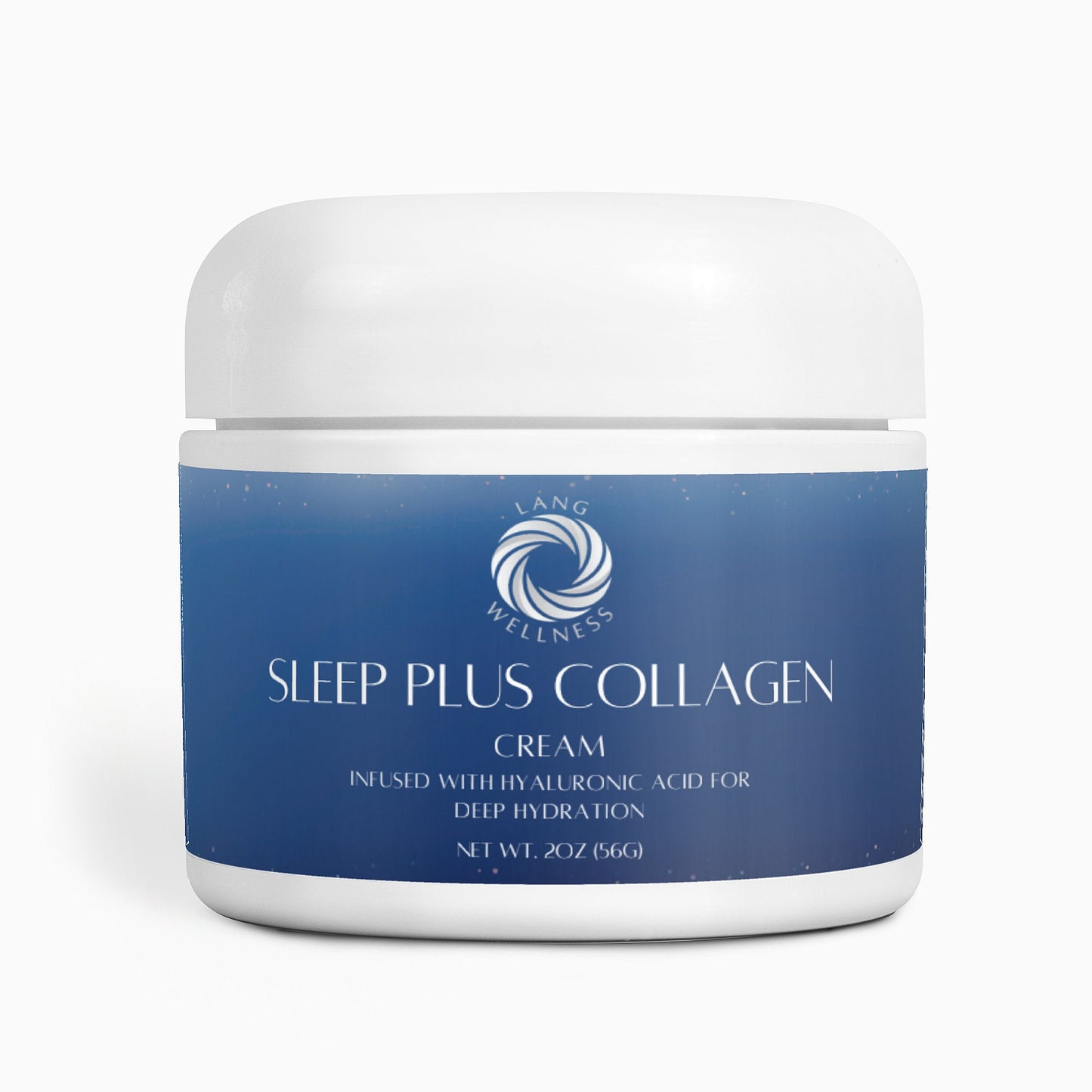 Sleep Plus collagen cream jar, front view, white lid and blue label