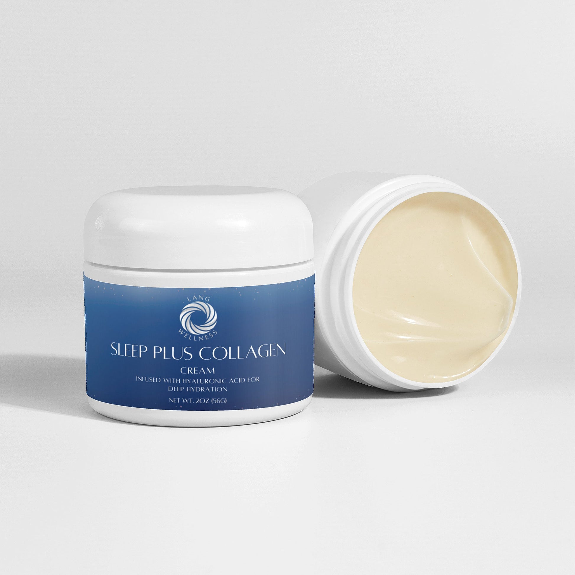 Sleep Plus collagen cream jar with open lid, beige cream visible