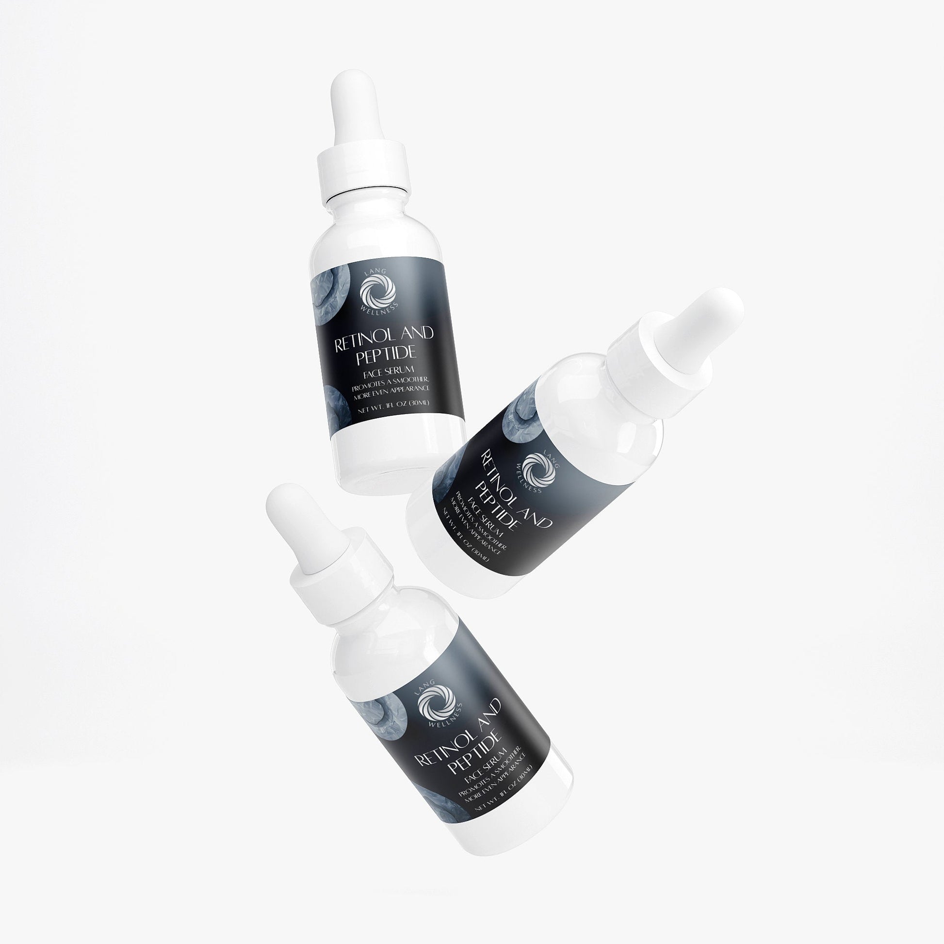 Face serum bottles with dropper pieces shown at an angle