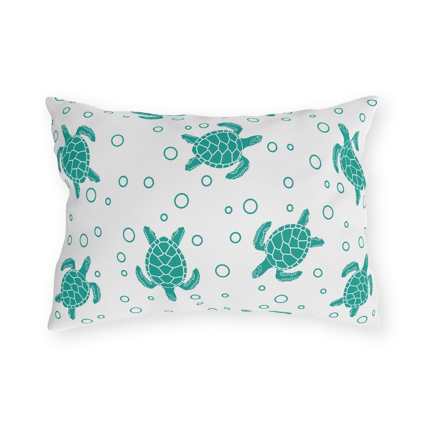 Square outdoor cushion pillow with teal sea turtles and ring-dot pattern on white cloth.