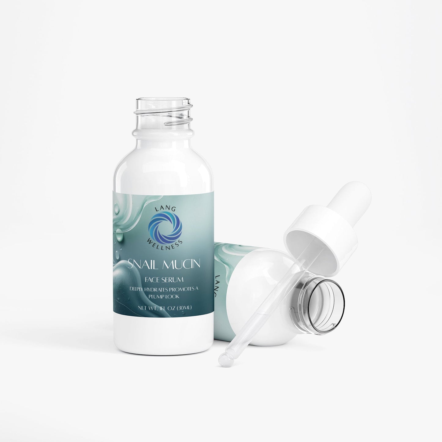 Snail mucin face serum bottle with open pump top and detached white dropper