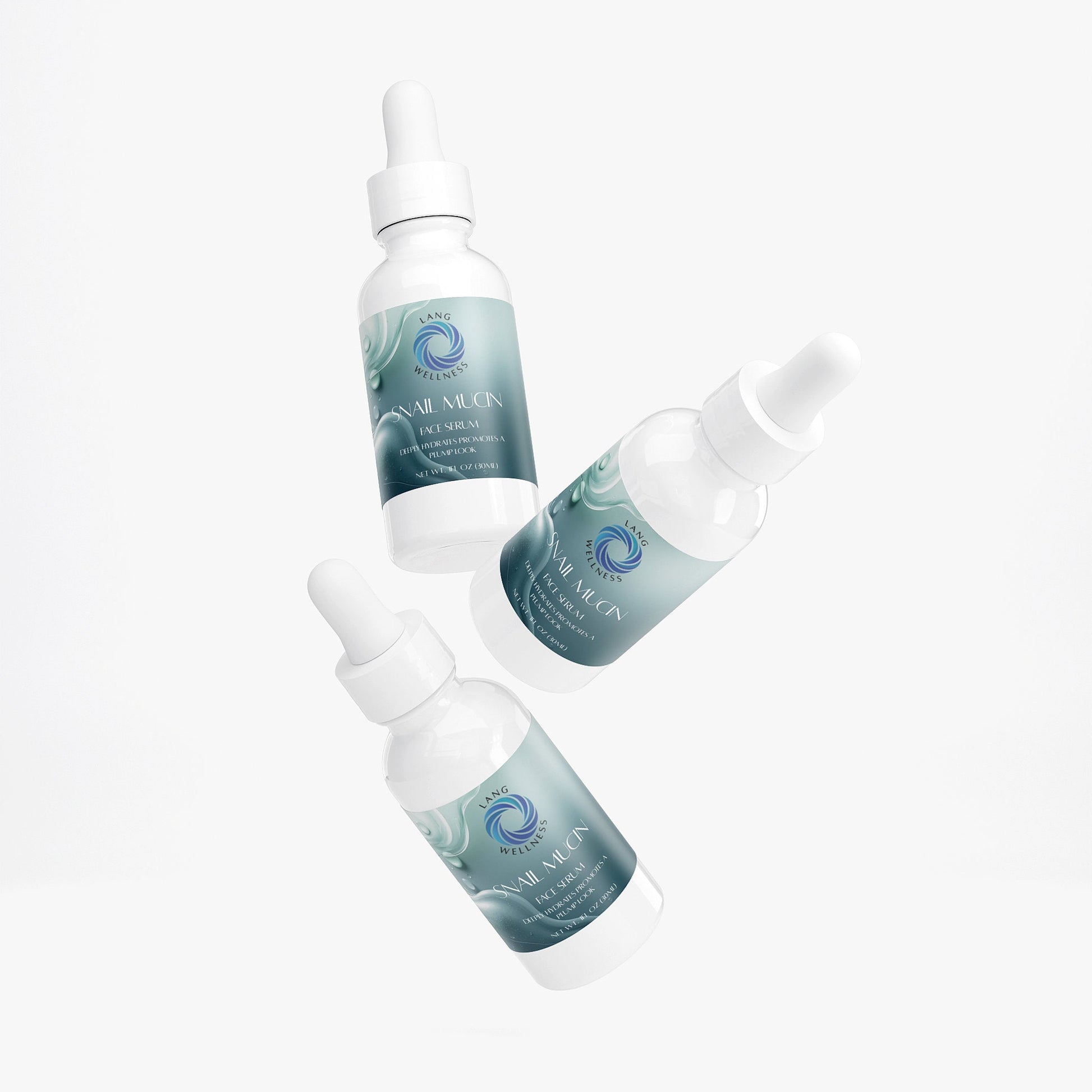 Snail mucin face serum set with three bottles and white droppers