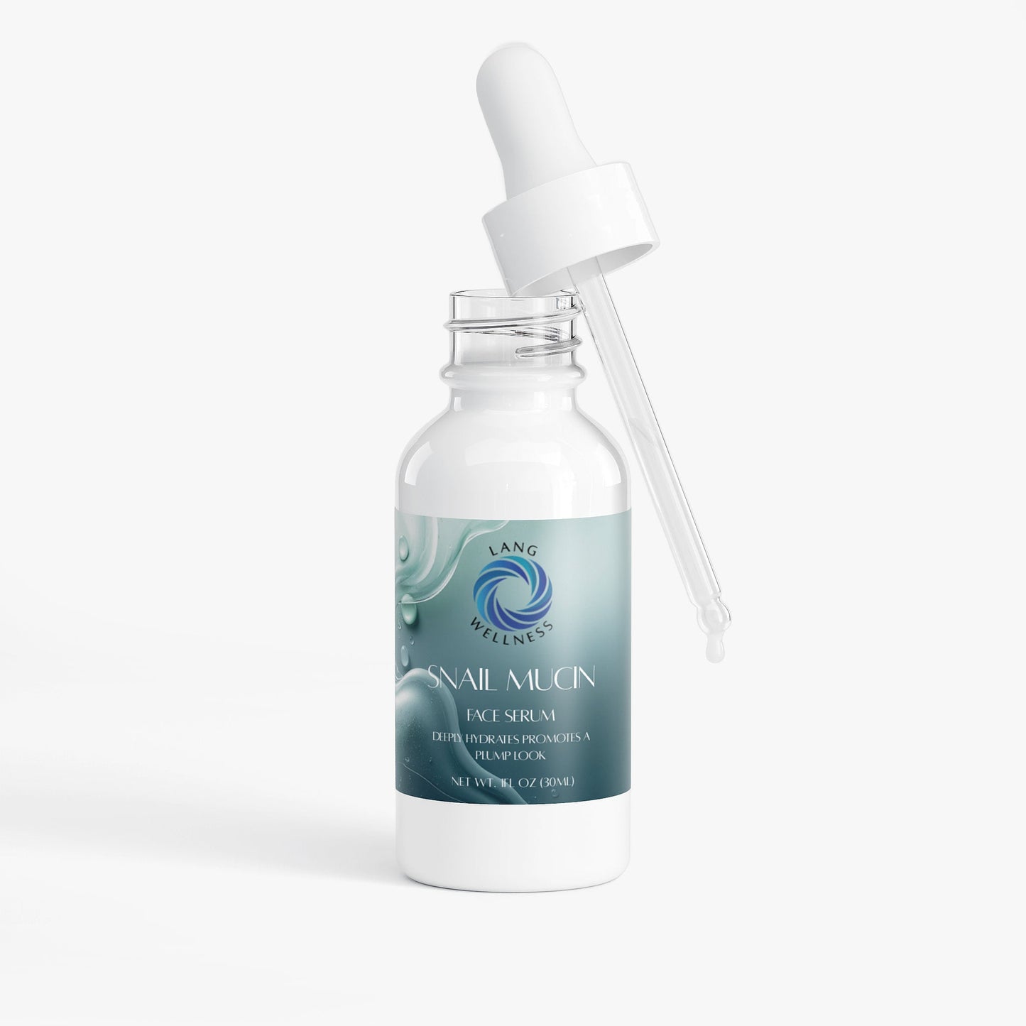 Snail mucin face serum bottle with pipette dropper, teal label