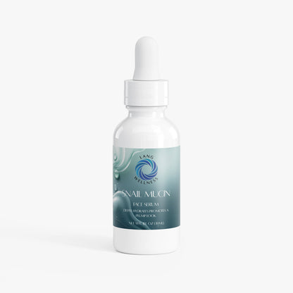 Snail mucin face serum bottle with white dropper, teal label on white