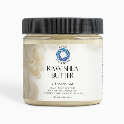 Shea butter jar with black lid, clear front label and pale cream-colored product