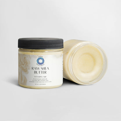 Shea butter jar with black lid and open lid showing pale cream inside