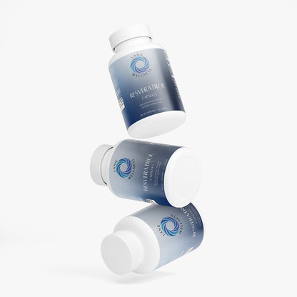 Capsule supplement bottle with multiple bottles stacked and blue labels.