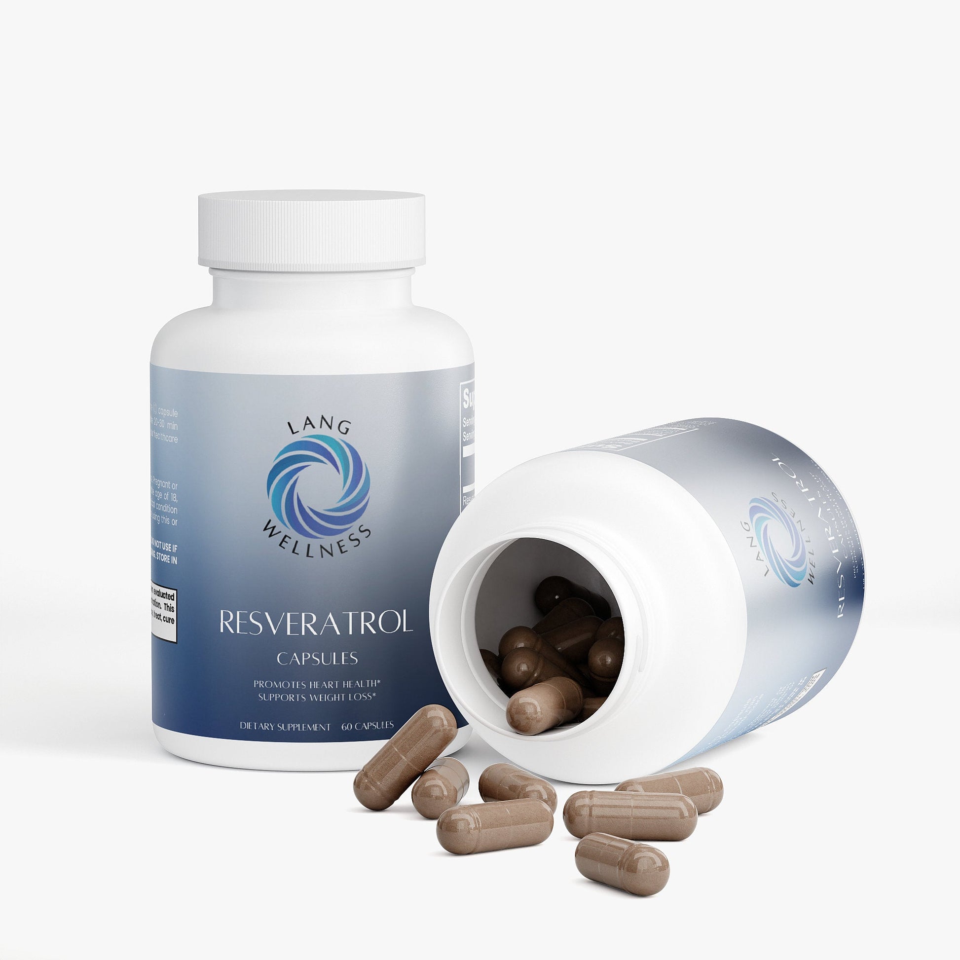 Capsule supplement bottle with lid open and brown capsules spilling out.