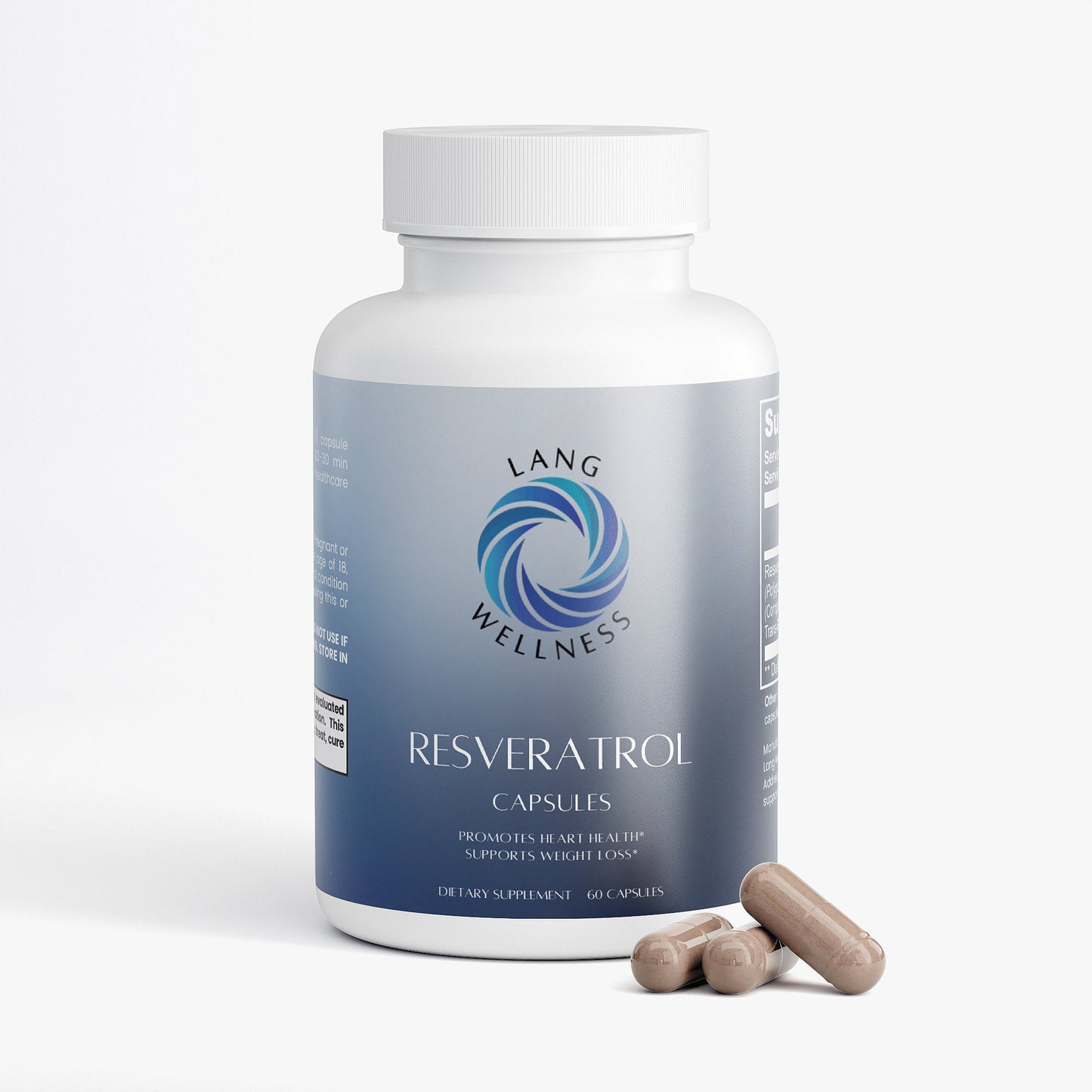 Capsule supplement bottle with brown capsules placed beside it.