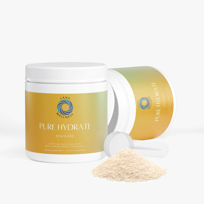 Skincare jar with gold label, open lid, and beige powder with spoon