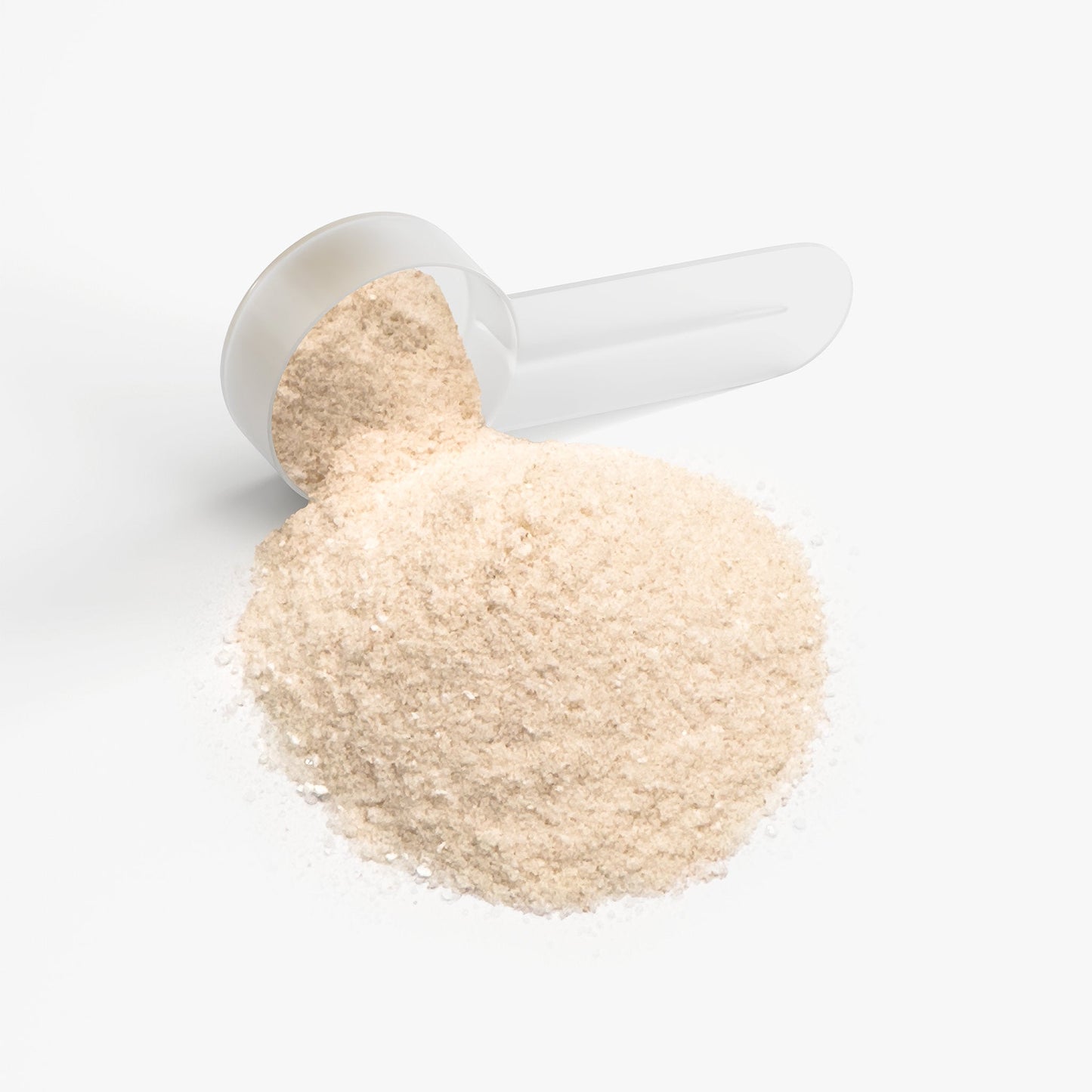Beige skincare powder in a white measuring scoop