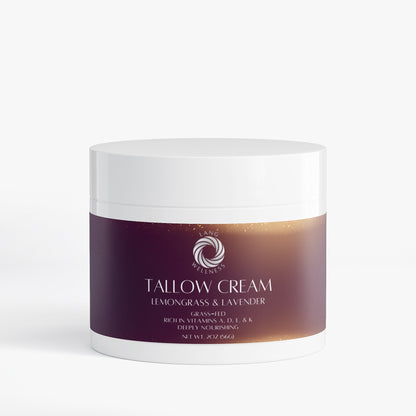 Tallow cream jar with white lid and dark label, full front view