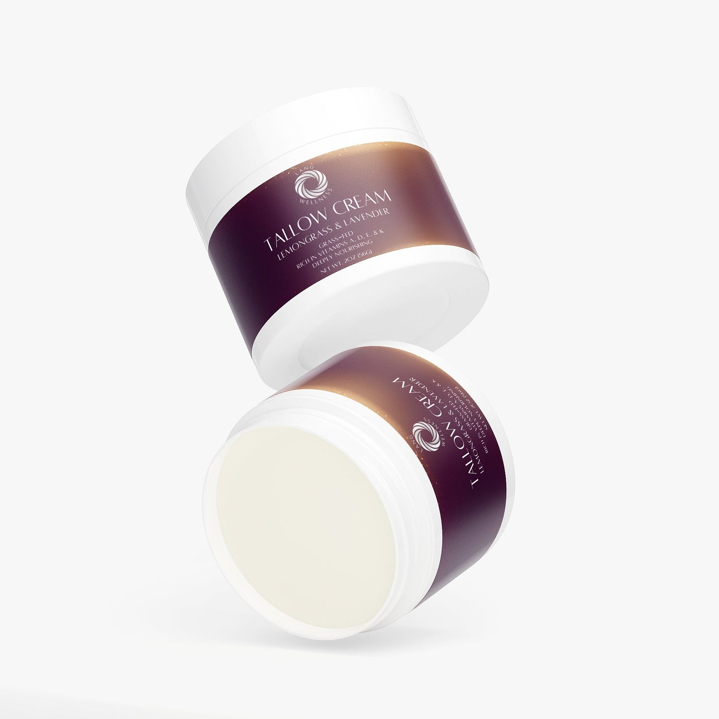 Open tallow cream jar with white lid and pale cream inside