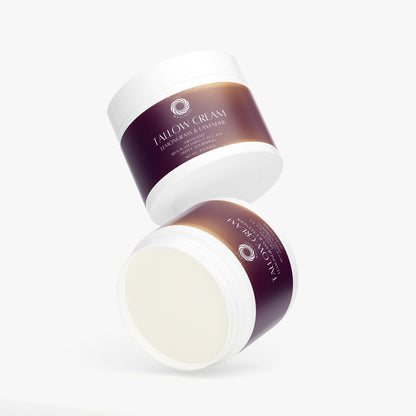 Open tallow cream jar with white lid and pale cream inside