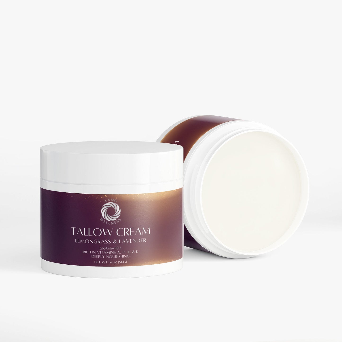 Tallow cream jar with lid off and pale cream, jar shown side by side