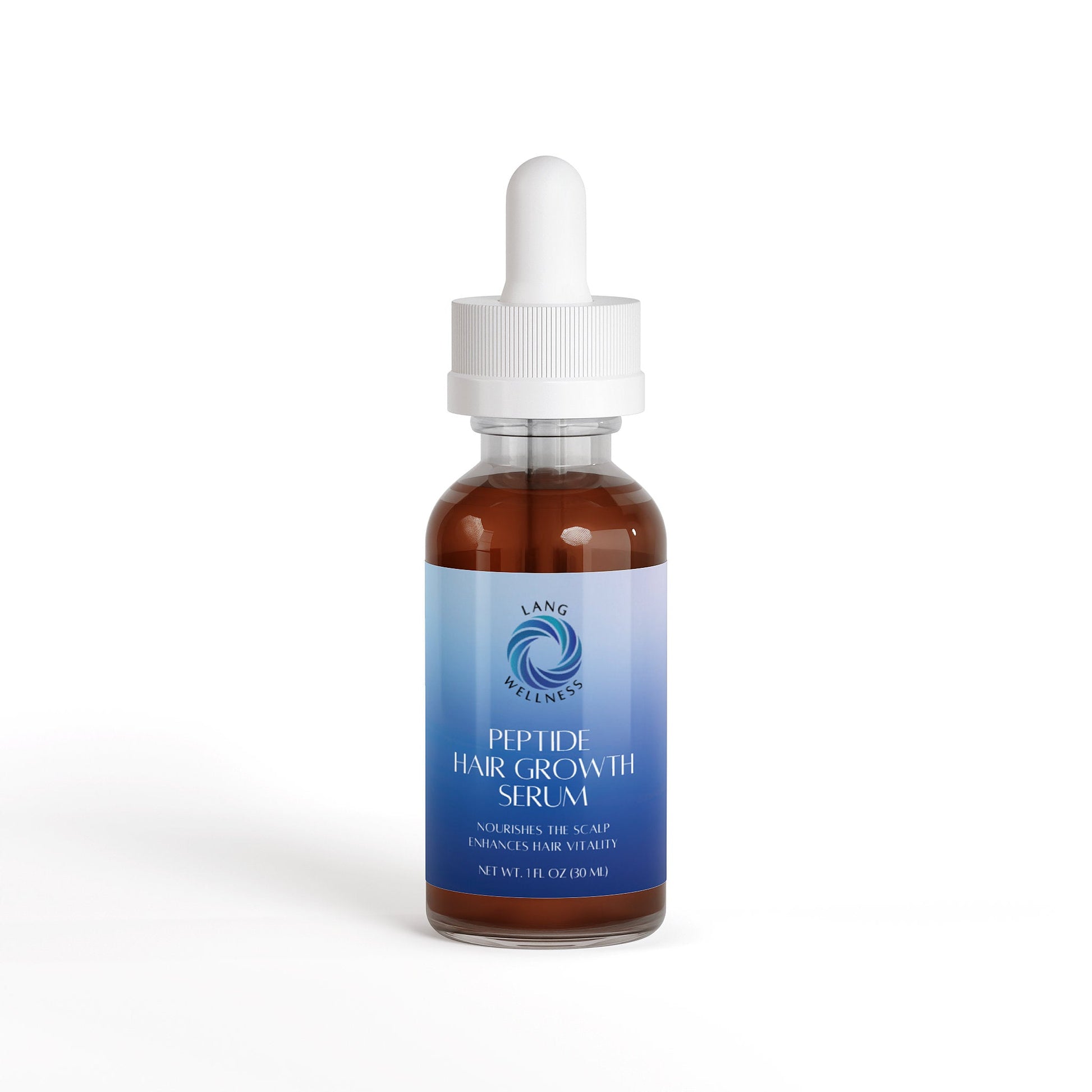 Hair growth serum bottle front view, amber glass with white dropper and blue label