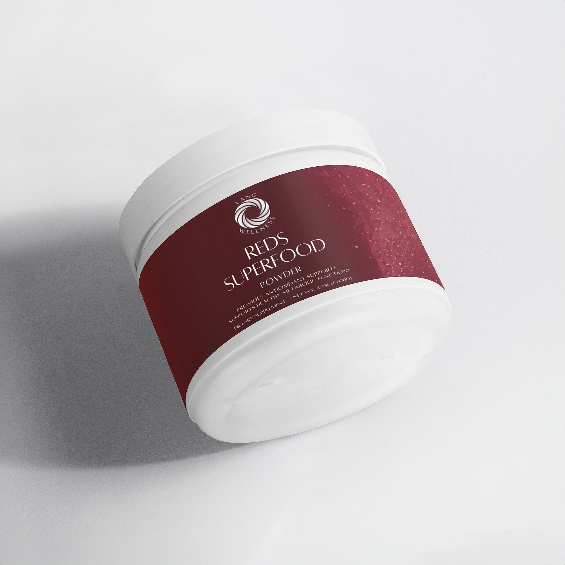 Powder supplement jar at angle with maroon label and white lid.