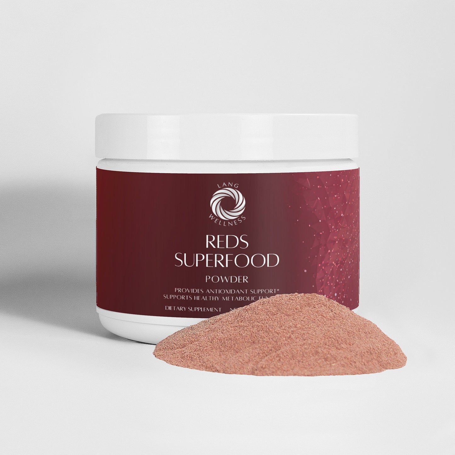 Powder supplement jar with maroon label and pinkish-red powder sample.