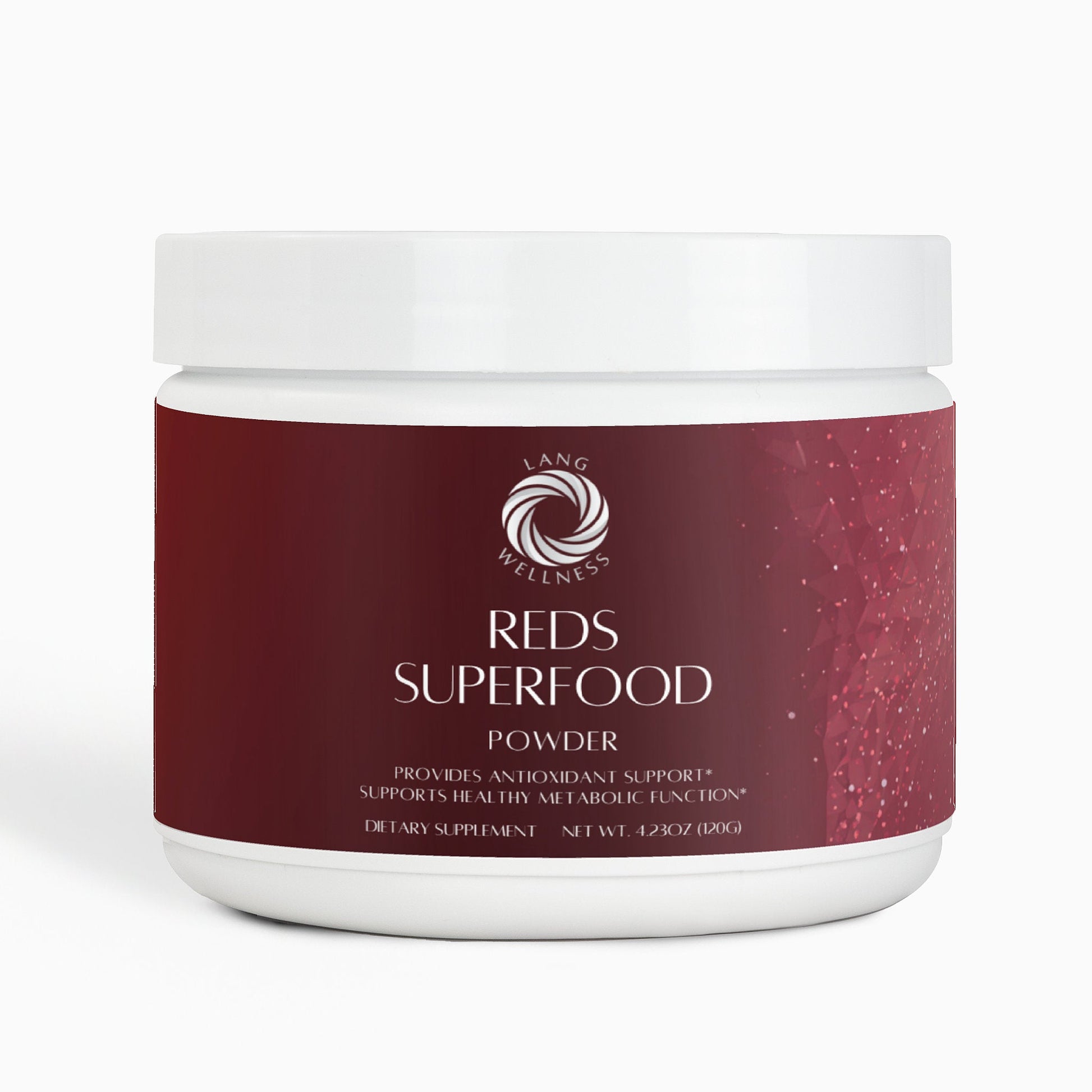Powder supplement jar with maroon label and white lid, front view.