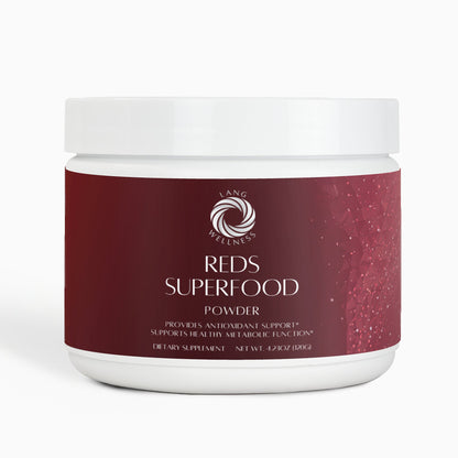 Powder supplement jar with maroon label and white lid, front view.