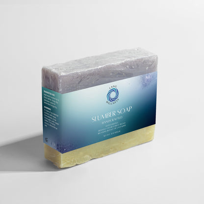 Slumber Soap bar, blue-white label side with pale yellow base, rectangular soap