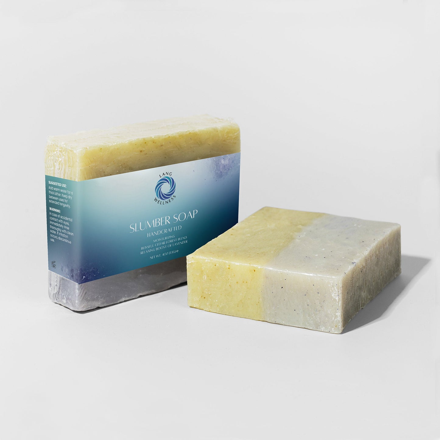Slumber Soap bar and cut bar, pale yellow with blue-white label side, rectangular
