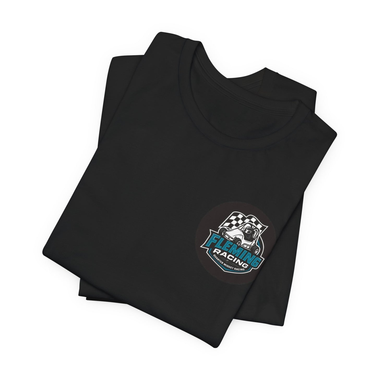Black Fleming Racing logo T-shirt with circular car emblem on chest