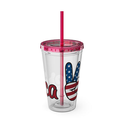 16oz peace sign tumbler, clear with red lid and straw, American flag peace graphic