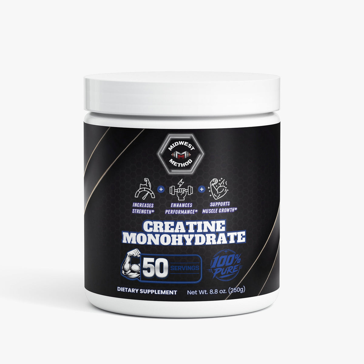 Creatine monohydrate supplement jar with white lid and black label, 50 servings