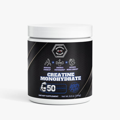 Creatine monohydrate supplement jar with white lid and black label, 50 servings