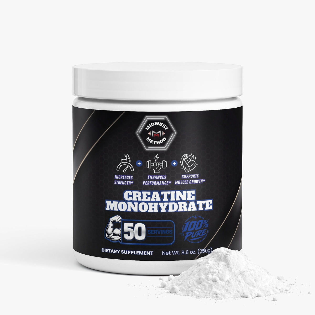 Creatine monohydrate supplement jar with white lid, black label, with white powder