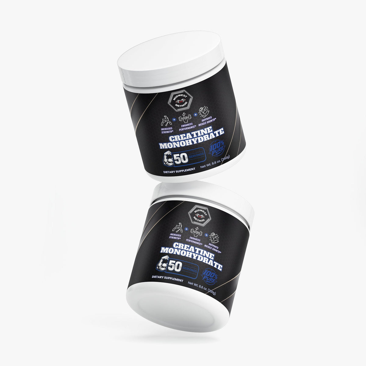 Creatine monohydrate supplement jars shown from different angles, black labels