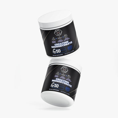 Creatine monohydrate supplement jars shown from different angles, black labels