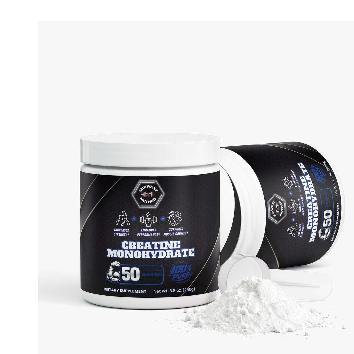 Creatine monohydrate supplement jar and label-side view, white powder on surface