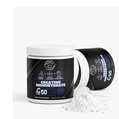 Creatine monohydrate supplement jar and label-side view, white powder on surface