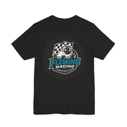 Black racing logo T-shirt with circular Fleming Racing emblem on the chest.