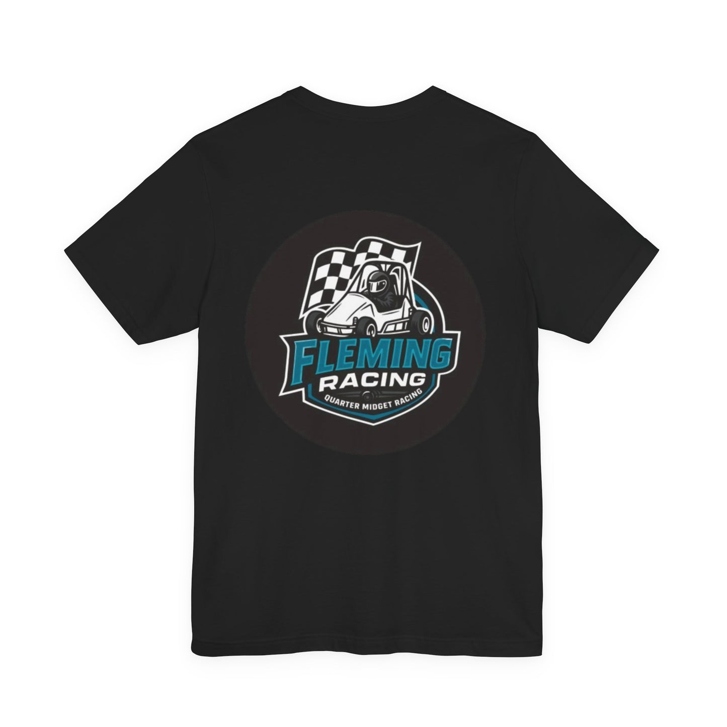 Black racing logo T-shirt with Fleming Racing checkered emblem on chest