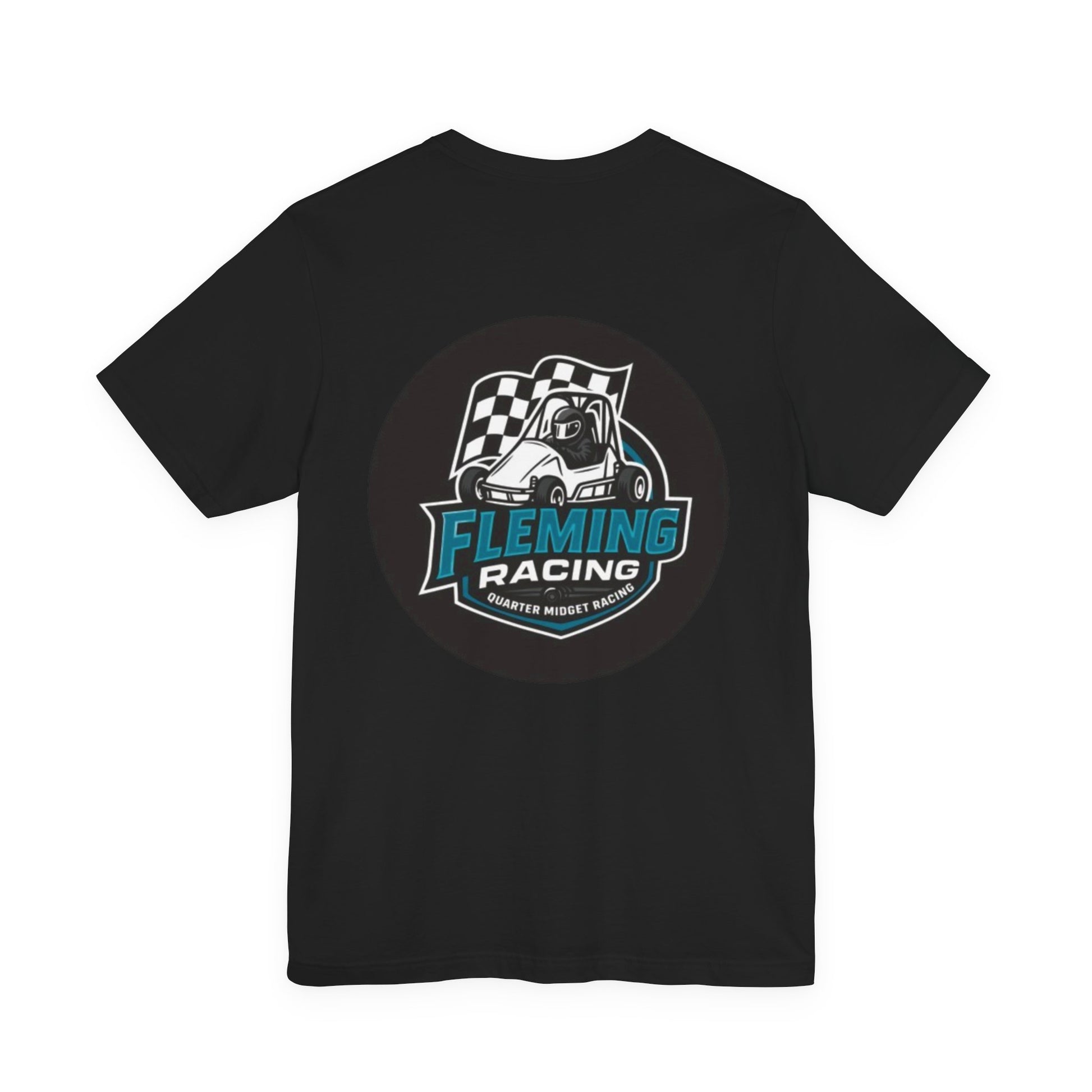 Black racing logo T-shirt with Fleming Racing checkered emblem on chest