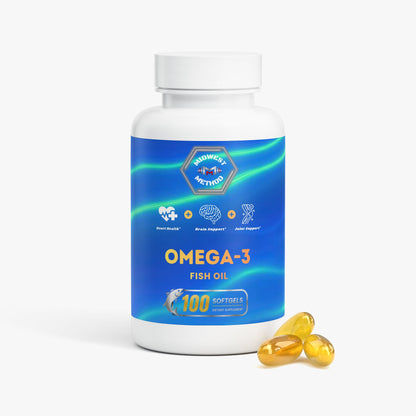 Fish oil supplement bottle with white cap and yellow softgels beside it