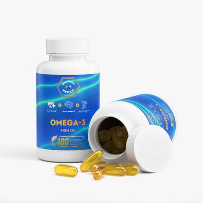 Fish oil supplement bottle with open cap and yellow softgels