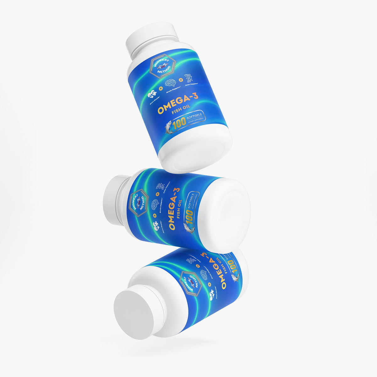 Fish oil supplement bottles with blue labels, multiple angles